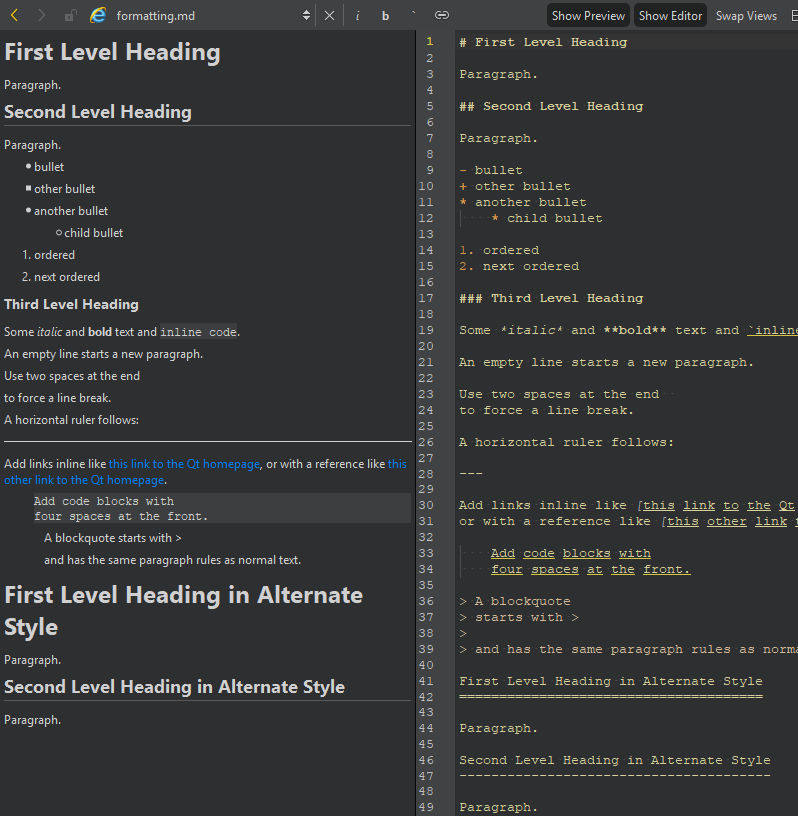 プレビューおよびエディタ・ビューでのマークダウン・ファイル