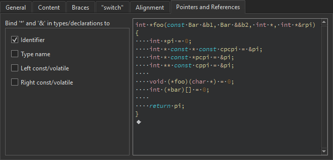 C++環境設定のコード・スタイル・タブにある「ポインタと参照」タブ