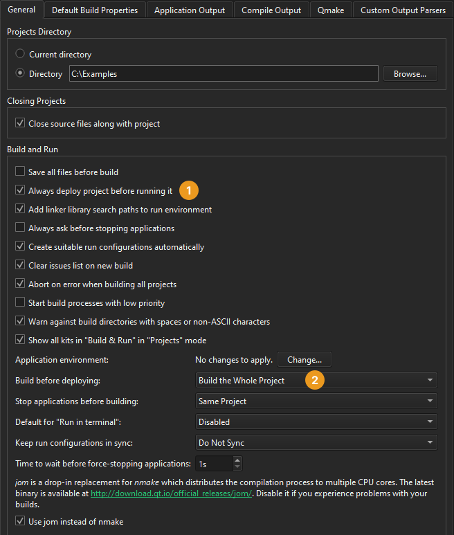 ビルド＆実行環境設定の「一般」タブ