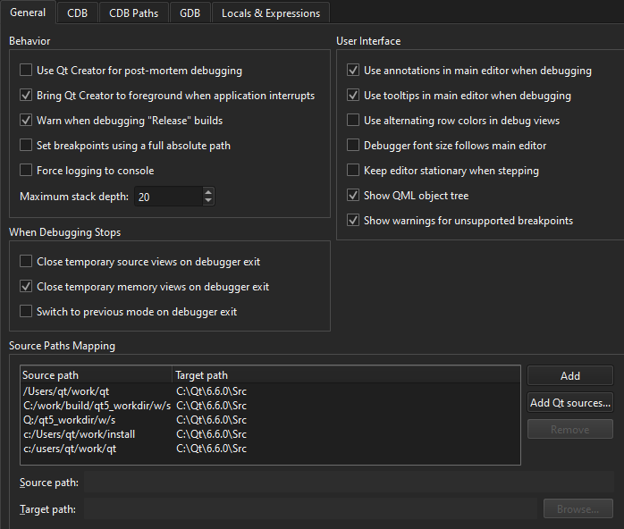 デバッガ環境設定の「一般」タブ