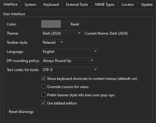 環境設定の「インターフェイス」タブ 環境設定の「インターフェイス」タブ