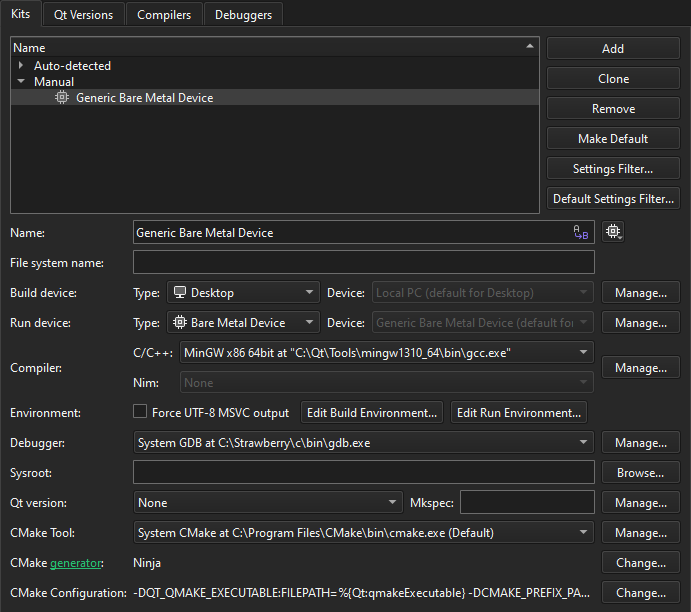 キットの環境設定でベアメタルデバイスを選択