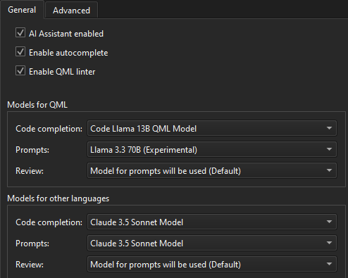 AIアシスタント環境設定の「一般」タブ