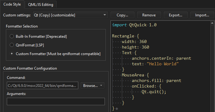 Qt Quick 環境設定の「コードスタイル」タブにあるカスタムフォーマッタの環境設定