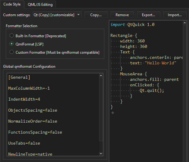Qt Quick 環境設定のコードスタイルタブにある qmlformatter 環境設定
