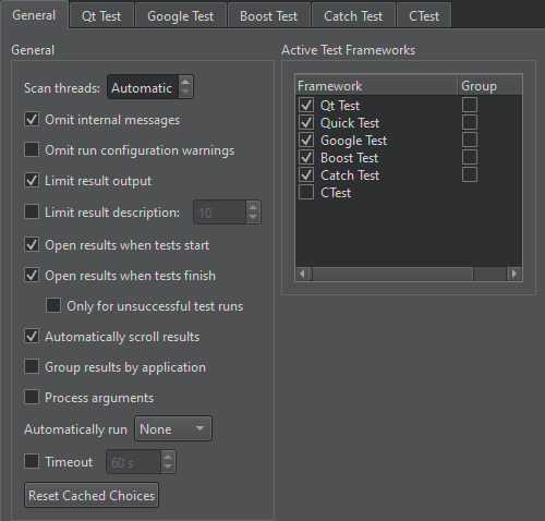 テスト環境設定の「一般」タブ