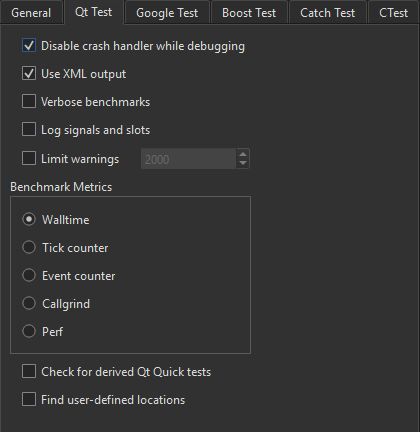 テスト環境設定のQt Testタブ