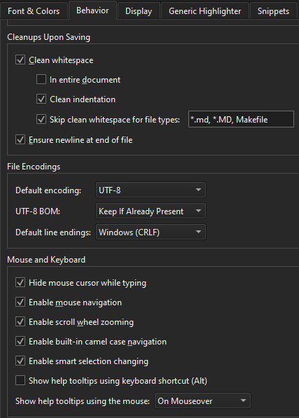 テキストエディタ環境設定の「動作」タブ