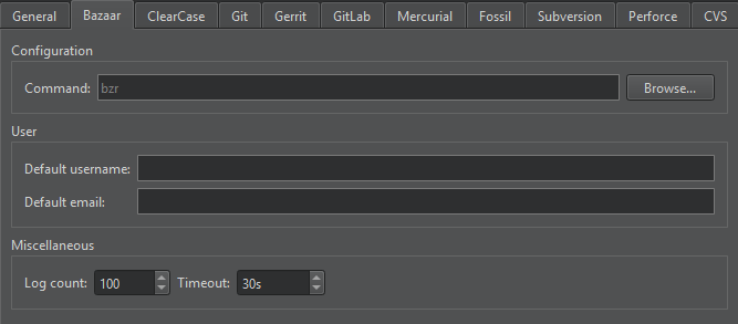 バージョン管理環境設定のBazaarタブ