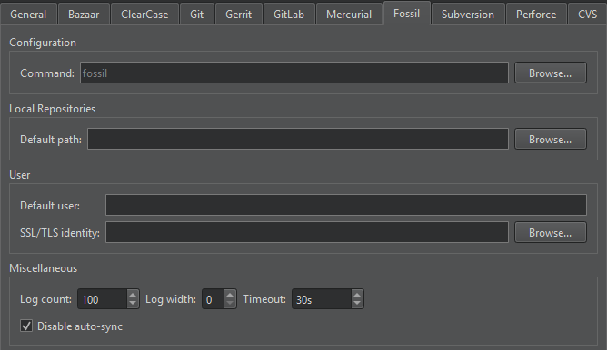 バージョン管理環境設定の「化石」タブ