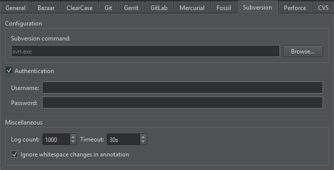 バージョン管理環境設定の「Subversion」タブ