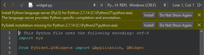 PySide6のインストールを促すプロンプト PySide6のインストールを促すプロンプト