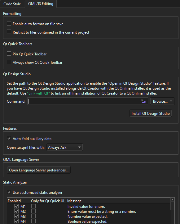 Qt Quick環境設定のQML/JS編集タブ