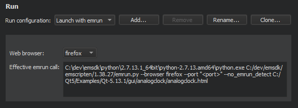 WebAssembly の実行設定で Qt で実行するブラウザを選択する
