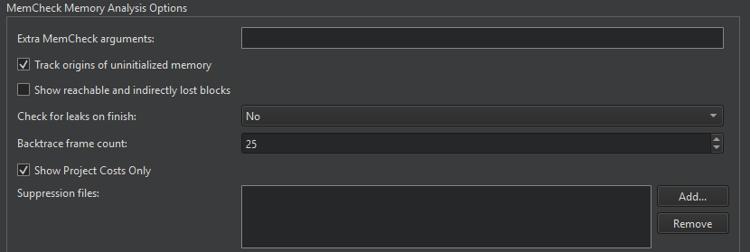 Analyzer環境設定のValgrindタブにあるMemcheckメモリ解析オプション