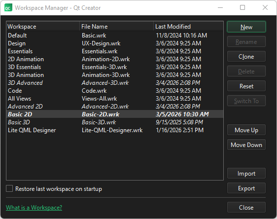 ワークスペース マネージャ ダイアログ。