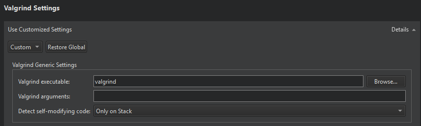 실행 설정의 Valgrind 설정 섹션