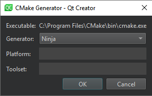 CMake 생성기 대화 상자