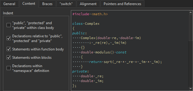 C++ 환경 설정의 코드 스타일 탭에 있는 콘텐츠 탭 C++ 환경 설정의 코드 스타일 탭에 있는 콘텐츠 탭