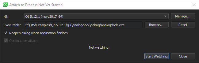 시작되지 않은 애플리케이션에 연결 대화 상자