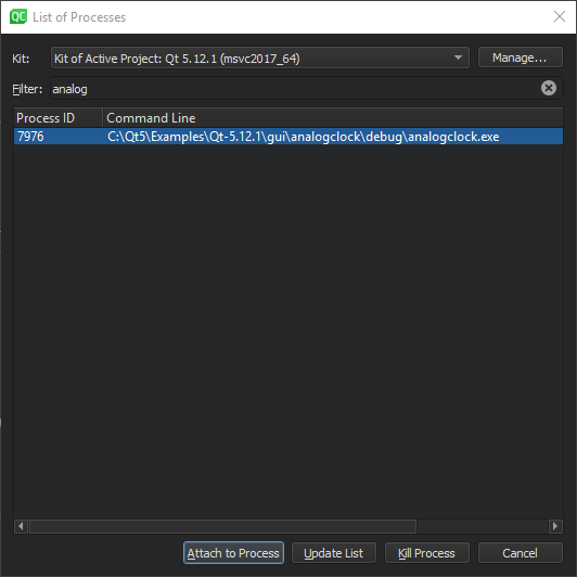 실행 중인 애플리케이션에 연결 대화 상자