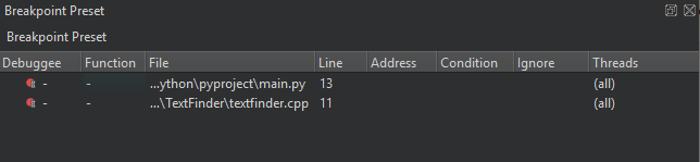 중단점 프리셋 보기 중단점 프리셋 보기
