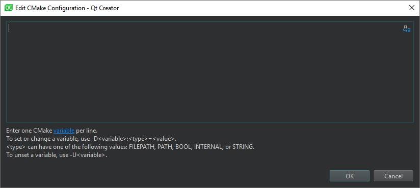 CMake 구성 편집 대화 상자