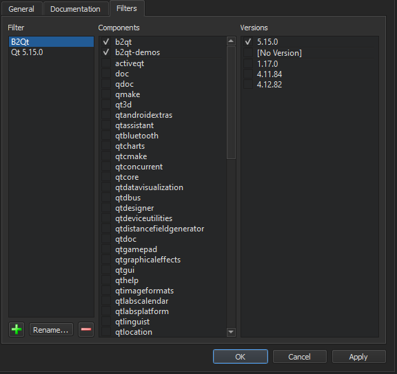 도움말 환경설정의 필터 탭