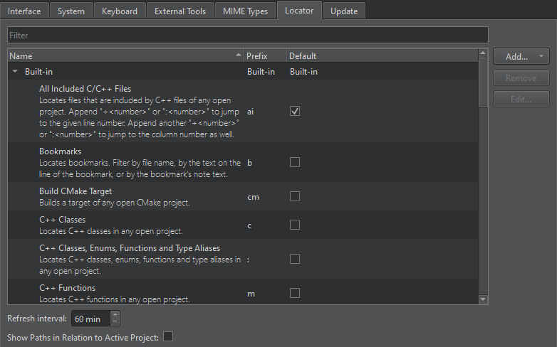 환경설정의 로케이터 탭 환경설정의 로케이터 탭