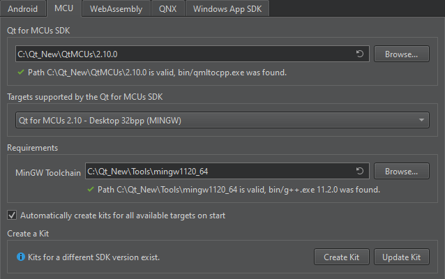 SDK 환경설정의 MCU 탭에서 MCU 키트를 자동으로 생성합니다.