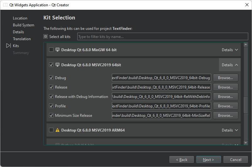 키트 선택 대화 상자