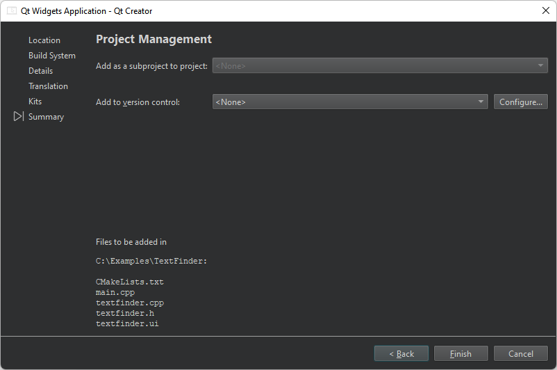 프로젝트 관리 대화 상자