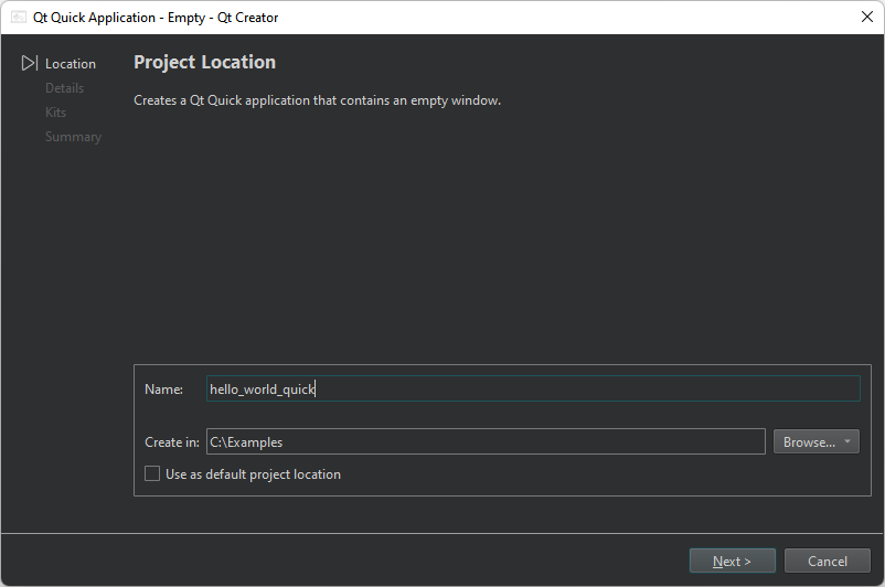 프로젝트 위치 대화 상자 프로젝트 위치 대화 상자