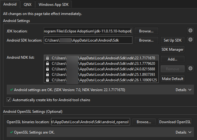 SDK 환경 설정의 Android 탭