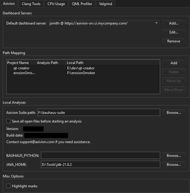 분석기 환경 설정의 Axivion 탭