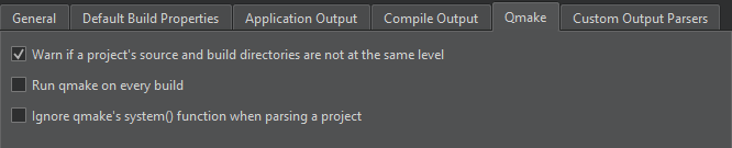 빌드 및 실행 환경 설정의 Qmake 탭