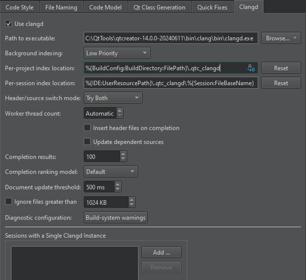 C++ 환경설정의 Clangd 탭 C++ 환경설정의 Clangd 탭