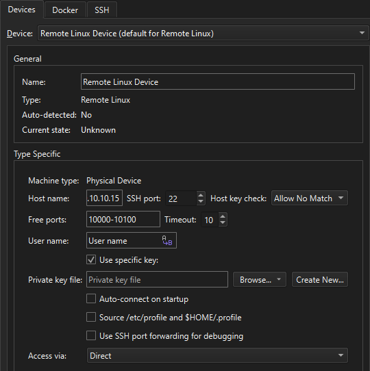 장치 환경설정의 장치 탭에 있는 원격 Linux 장치 장치 환경설정의 장치 탭에 있는 원격 Linux 장치