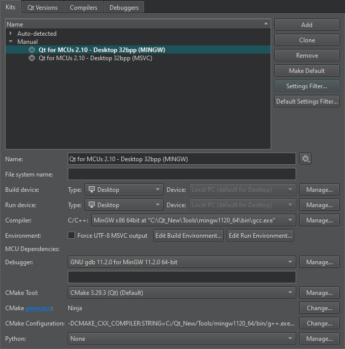 키트 환경설정의 키트 탭에 있는 MCU 키트