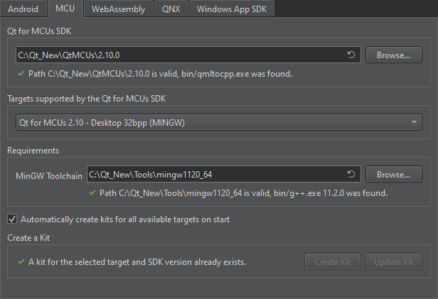 SDK 환경 설정의 MCU 탭