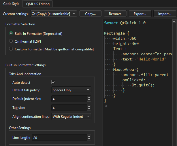 Qt Quick 환경 설정의 코드 스타일 탭 Qt Quick 환경 설정의 코드 스타일 탭