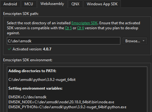 SDK 환경 설정의 WebAssembly 탭