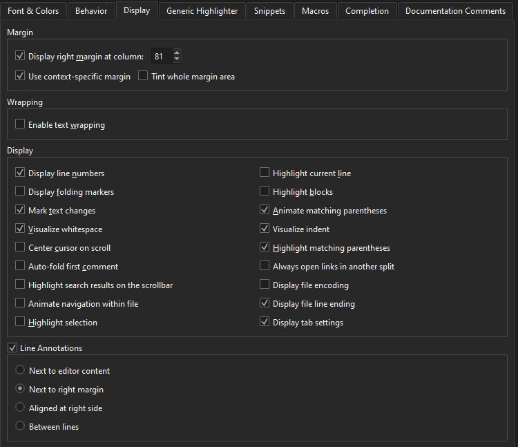 텍스트 편집기 환경설정의 표시 탭