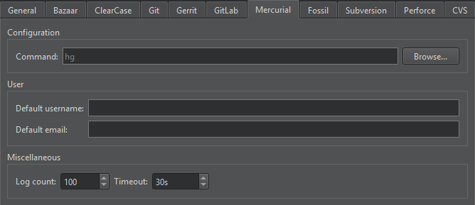 버전 관리 환경설정의 Mercurial 탭