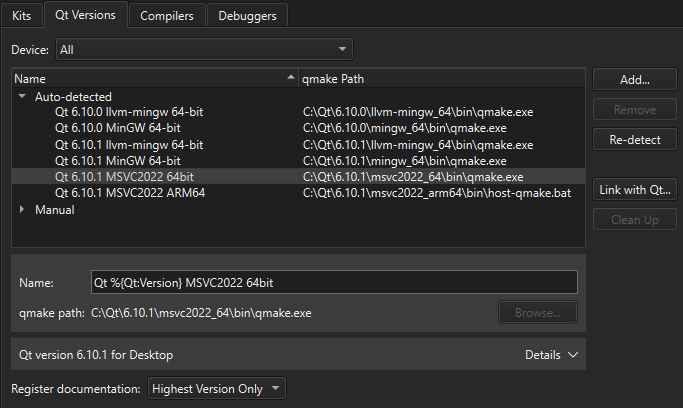 키트 환경 설정의 Qt 버전 탭 키트 환경 설정의 Qt 버전 탭