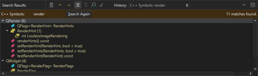 검색 결과 보기에서 찾은 기호