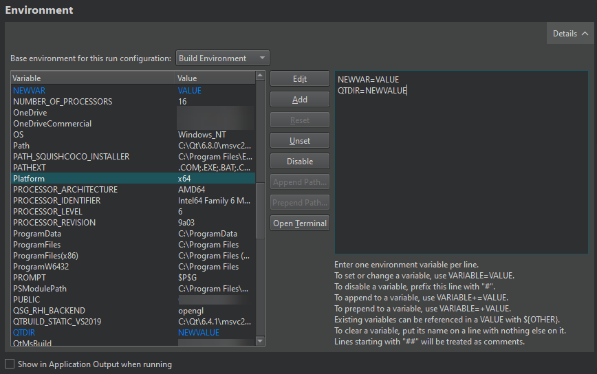 실행 설정의 환경 섹션