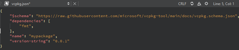 매니페스트 파일 편집기의 vcpkg.json 파일