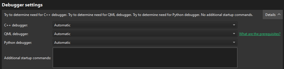실행 설정의 디버거 설정 섹션 실행 설정의 디버거 설정 섹션
