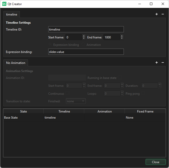타임라인 설정 대화 상자에서 표현식 바인딩을 slider.value로 설정합니다.